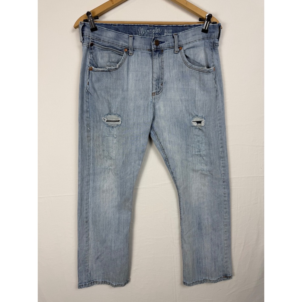 Wrangler Retro Slim Boot Jeans Men's 34X30 Light Wash Distressed Denim